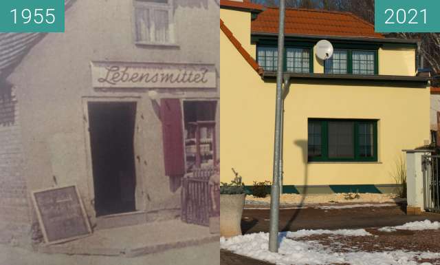 Before-and-after picture of Teicha Dorfkonsum between 1955 and 2021-Jan-17