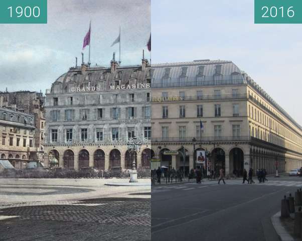 Before-and-after picture of Grands Magasins du Louvre between 1900 and 2016-Feb-27