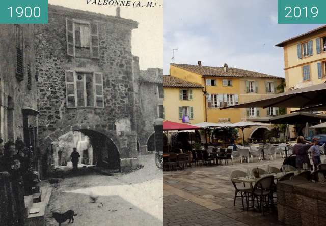 Image avant-après de Rephoto Valbonne 500 ans place des arcades entre 1900 et 10 juin 2019