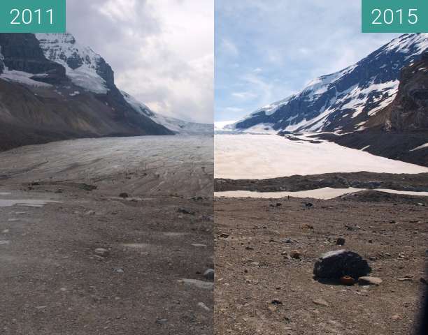 Before-and-after picture of Athabasca Glacier between 2011-Sep-15 and 2015-Jun-01