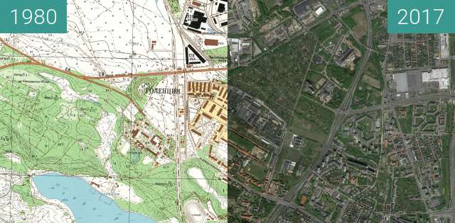 Before-and-after picture of Poznań 1980 - Golęcin Winiary Sołacz between 1980 and 2017-May-12