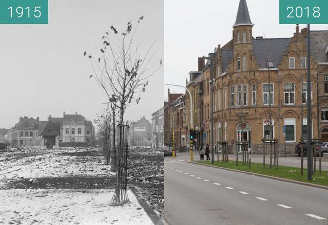 Before-and-after picture of Ypres town destruction 1915 between 1915 and 2018-Apr-10