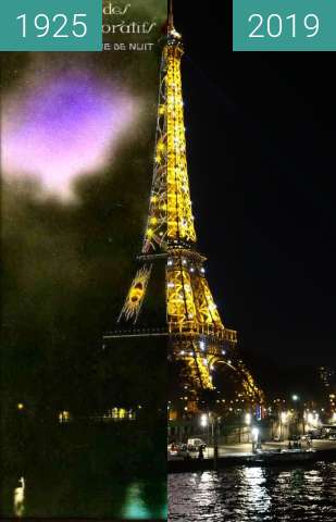 Before-and-after picture of Eiffel tower at night between 1925 and 2019-Feb-13