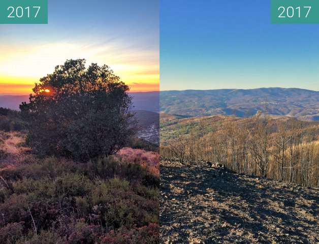 Vorher-Nachher-Bild von Blick über die Landschaft nach einem Waldbrand zwischen 23.08.2017 und 19.11.2017