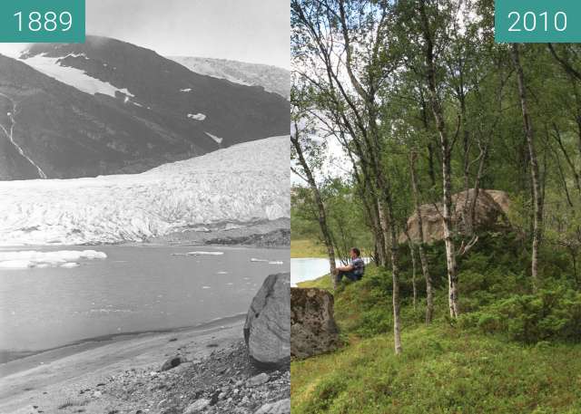 Before-and-after picture of Engabreen Glacier between 1889 and 2010