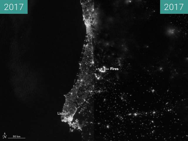 Vorher-Nachher-Bild von Portugals Waldbrände erhellen die Nacht zwischen 16.06.2017 und 19.06.2017