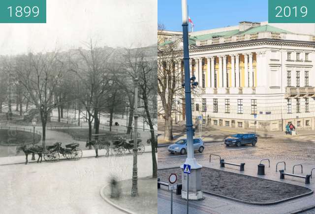 Before-and-after picture of Plac Wolności z hotelu Bazar between 1899 and 2019-Feb-16