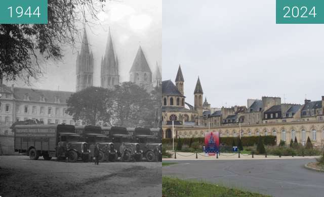 Before-and-after picture of Abbaye aux Hommes (WW2) between 1944 and 11/2024