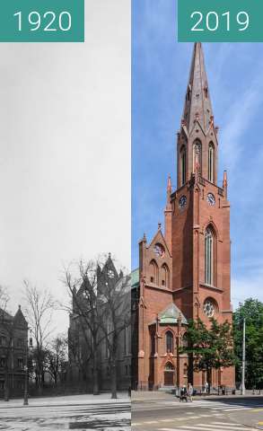 Before-and-after picture of Ulica Fredry, kościół Św. Pawła between 1920 and 2019