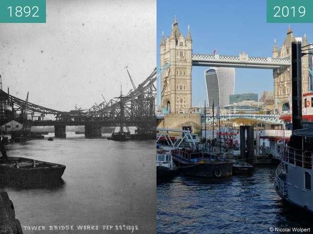 Vorher-Nachher-Bild von Tower Bridge during construction zwischen 28.09.1892 und 10.11.2019