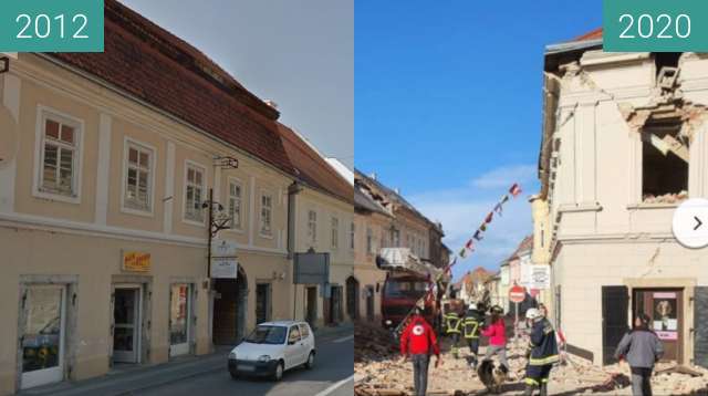 Vorher-Nachher-Bild von 2020 Petrinja earthquake zwischen 09.2012 und 29.12.2020