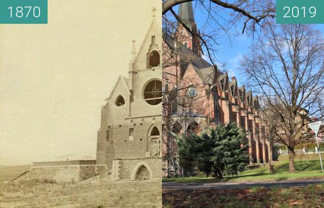 Before-and-after picture of Kostel svaté Alžběty Uherské between 1870 and 2019-Dec-10