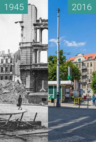 Before-and-after picture of Plac Wiosny Ludów between 1945 and 2016