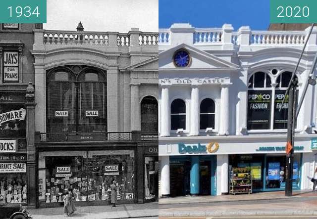 Before-and-after picture of Queens old Castle between 1934 and 2020-Aug-09