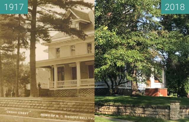 Before-and-after picture of "Cedar Crest Home" In Bellevue, Iowa between 1917 and 2018-Aug-21