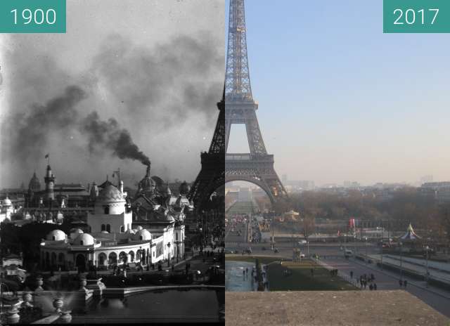 Before-and-after picture of Trocadéro/Champ de Mars between 10/1900 and 2017-Jan-26