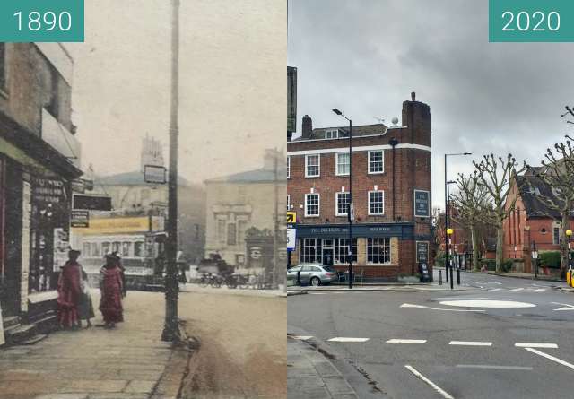 Vorher-Nachher-Bild von Stamford Brook corner. zwischen 1890 und 27.02.2020