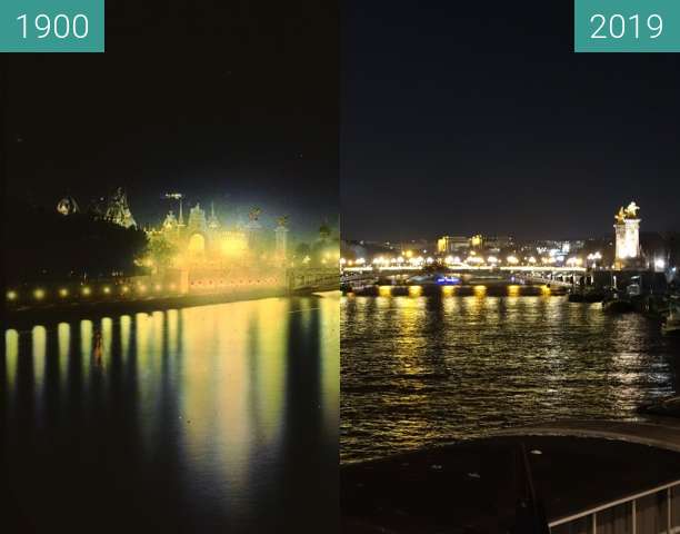 Before-and-after picture of Seine at night between 1900 and 2019-Feb-13