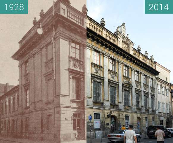 Before-and-after picture of Pałac Wodzickich between 1928 and 2014-Jul-29