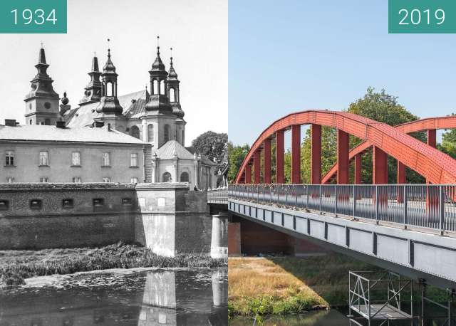 Before-and-after picture of Ostrów Tumski, katedra i most bp. Jordana between 1934 and 2019