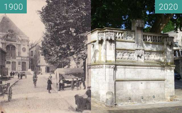 Before-and-after picture of Fontaine Louis XII between 1900 and 06/2020