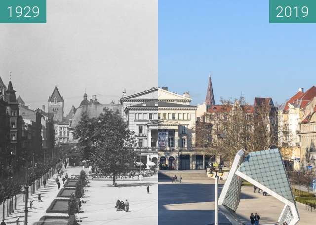 Before-and-after picture of Plac Wolności z balkonu hotelu Bazar between 1929 and 2019-Feb-16