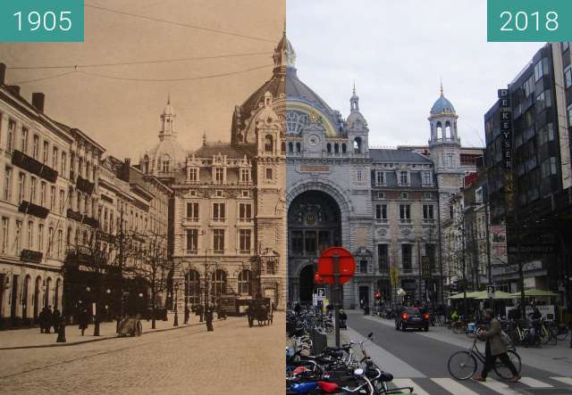 Before-and-after picture of Antwerpen railway station / De Keyserlei between 1905 and 2018-Apr-02