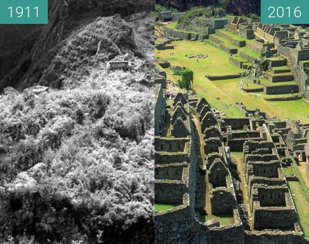 Before-and-after picture of Machu Picchu between 1911 and 2016