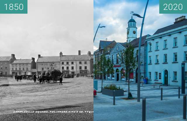 Image avant-après de O Connor Square Tullamore entre 1850 et 7 juin 2020