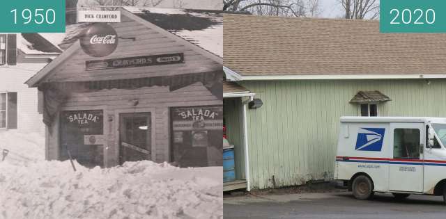 Before-and-after picture of Dick Crawford's Store Belfast, Maine between 1950 and 2020