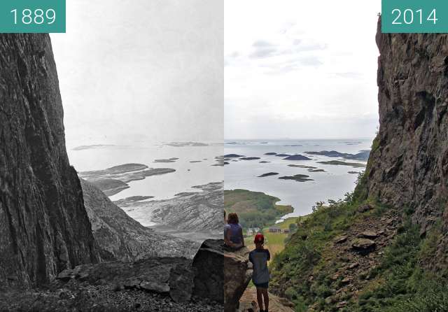 Before-and-after picture of Torghatten between 1889 and 2014