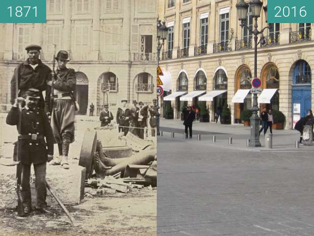 Before-and-after picture of Place Vendôme (Paris Commune) between 1871-May-16 and 2016-Feb-27