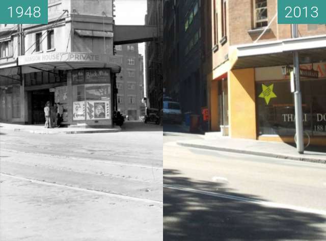 Before-and-after picture of Cnr of Elizabeth Street and Foy Lane, Surry Hils between 1948 and 2013