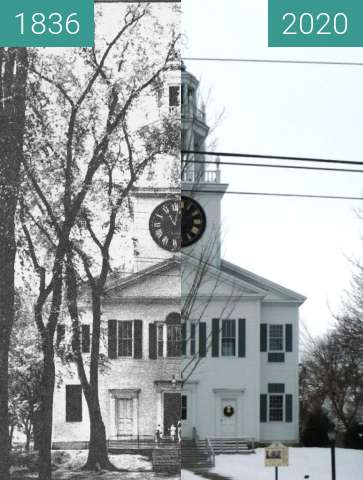 Before-and-after picture of The First Church; Belfast Maine between 1836 and 01/2020