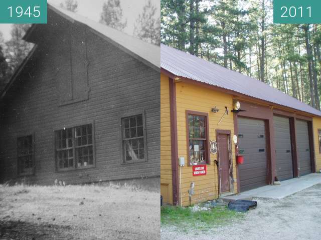 Before-and-after picture of Nemo Ranger Station, equipment shed, 1945 between 1945-Sep-07 and 2011-Jul-15