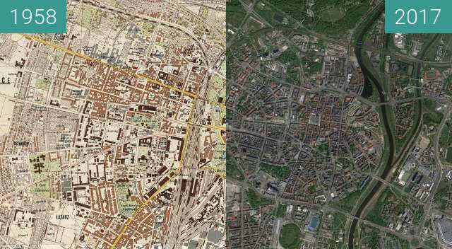 Vorher-Nachher-Bild von Poznań 1958 - Centrum, Jeżyce, Łazarz zwischen 1958 und 12.05.2017