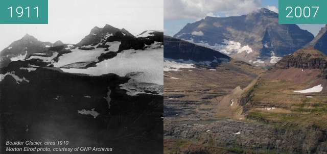 Before-and-after picture of Boulder Glacier between 1911 and 2007-Aug-24