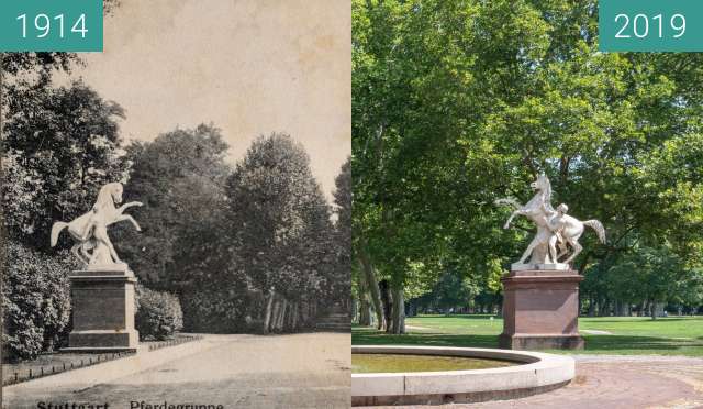 Before-and-after picture of Stuttgart - Rossebändiger between 1914 and 2019-Aug-04