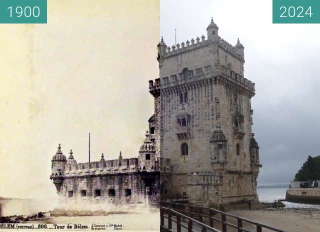 Before-and-after picture of Torre de Belem between 1900 and 05/2024