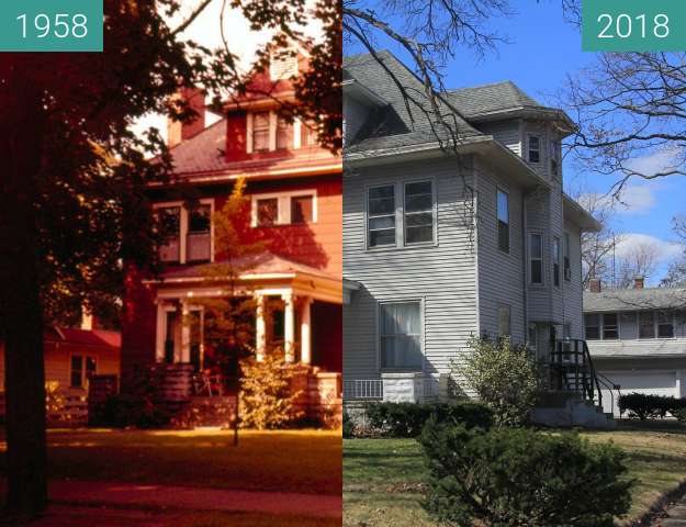 Before-and-after picture of Beasley-Clark House - Terre Haute - Collette Park between 1958 and 2018-Mar-13