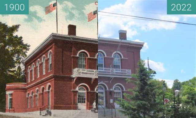 Before-and-after picture of US Post Office Belfast, Maine between 1900 and 2022