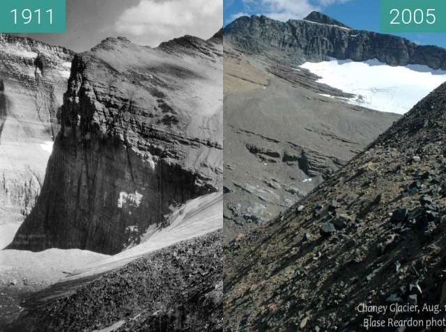 Before-and-after picture of Chaney Glacier between 1911 and 2005-Aug-19