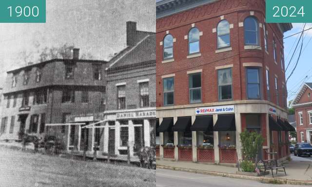 Before-and-after picture of The Haraden Block, Belfast, Maine between 1900 and 2024-Aug-24