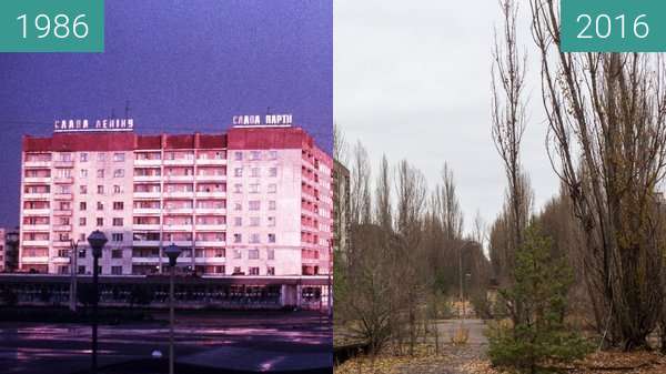 Image avant-après de Pripyat, Rajon Tschornobyl, Ukraine entre 1986 et 2016