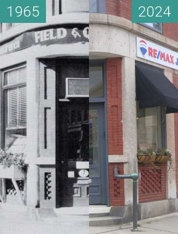 Before-and-after picture of The Belfast Savings Bank Doorway 1965 & 2024 between 1965 and 2024