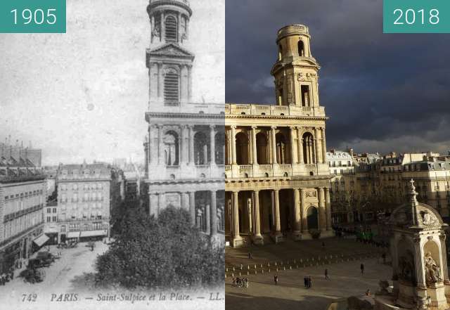 Image avant-après de Place et Eglise Saint Sulpice entre 1905 et 25 jan. 2018