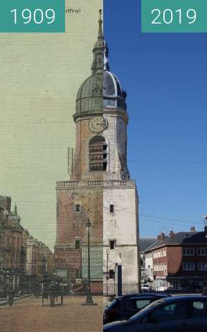 Before-and-after picture of Beffroi d'Amiens between 1909 and 2019-May-13