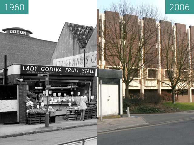 Before-and-after picture of Godiva fruit stall between 1960 and 2006