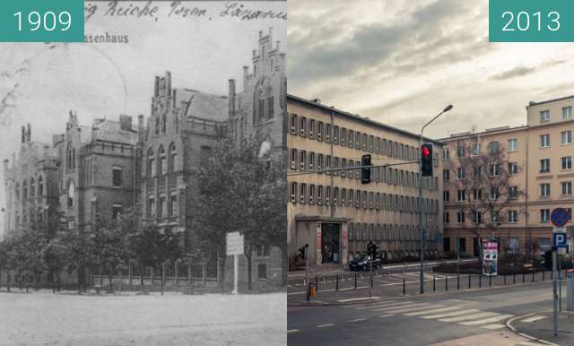 Vorher-Nachher-Bild von Szpital Diakonisek, Libelta/Kościuszki zwischen 1909 und 2013