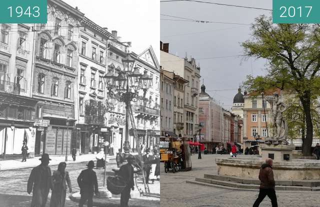 Vorher-Nachher-Bild von Marktplatz mit Neptunstatue zwischen 1943 und 20.04.2017